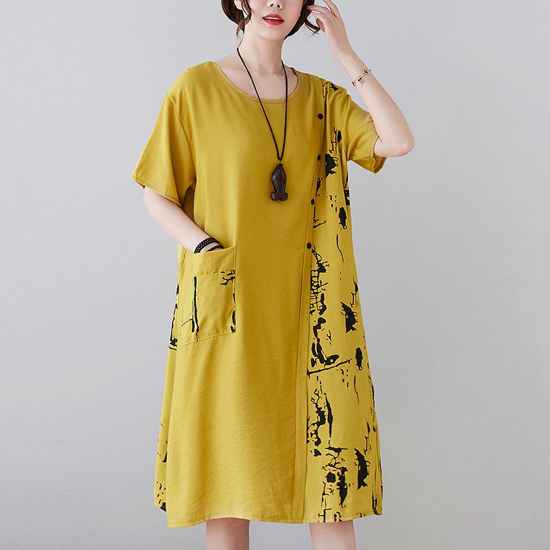 Rochie Bumbac In Noua Vara Maneca Scurta Imprimata Fusta dreapta Fusta Loose Temperament