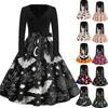 Women's Vintage V Neck Dress Halloween Print Long Sleeve Casual Retro Style Dress with Flared Skirt and Waist Tie for Seasonal Wear