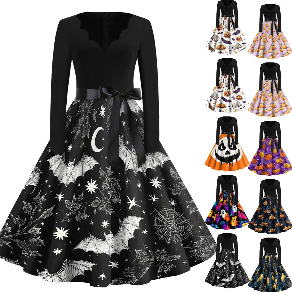 Women's Vintage V Neck Dress Halloween Print Long Sleeve Casual Retro Style Dress with Flared Skirt and Waist Tie for Seasonal Wear