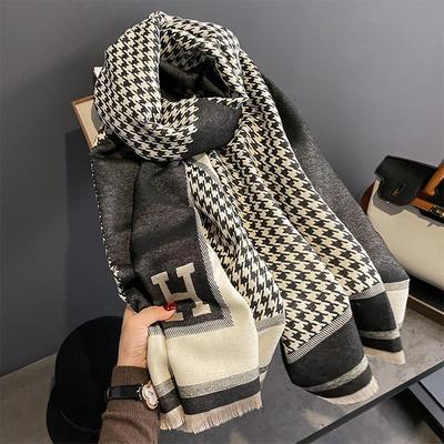 New H Letter Imitation Cashmere Scarf for Women Houndstooth Jacquard Scarf  Versatile Shawl Double Sided Thickened Scarf