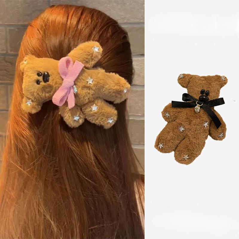 Cute Soft Plush Bow Tie Bear Hairpin For Women Decoration Creative Barrettes Girl Bangs Cartoon Bb Clip Hair Accessories