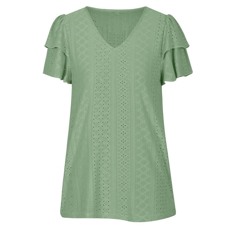 Vară, decolteu în V, frunze de lotus, mâneci, tricou casual, cu mâneci scurte, de culoare solidă