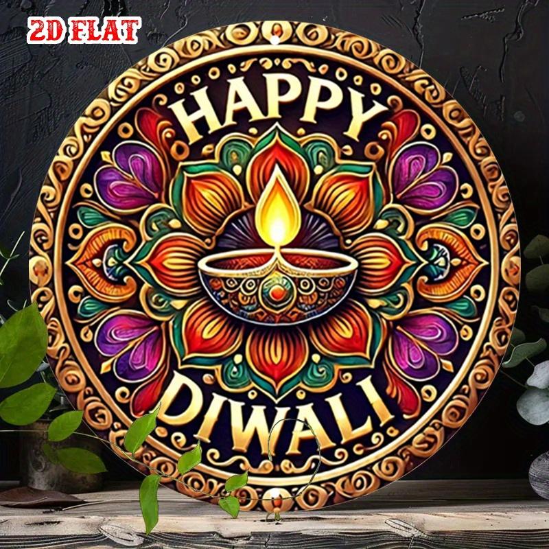 High Definition Wooden Board Painting Happy Diwali Mandala Diya Lamp Round Wall Art Retro Colorful Festival of Lights Decorati