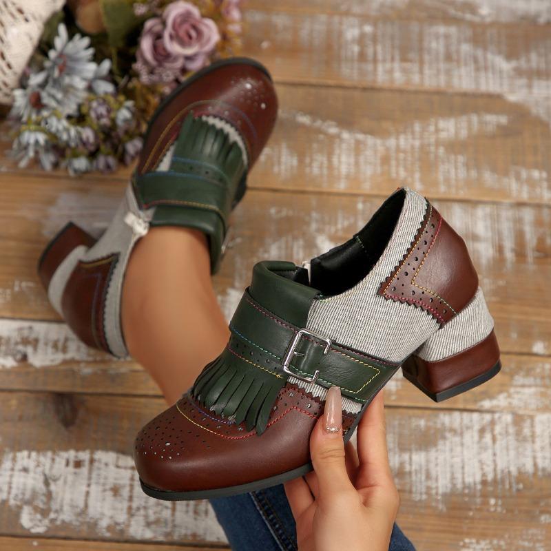 Spring and Autumn Ladies Wind Bullock Contrasting Tassel Side Zipper Women's Shoes Belt Buckle Middle Heel Single Shoes