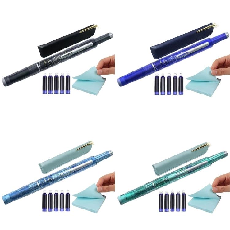 Press Fountain Pen with 5 Inks Cartridges 0.38mm Fine Tip Retractable Inks Pen Fountain Pen for Student Women Men