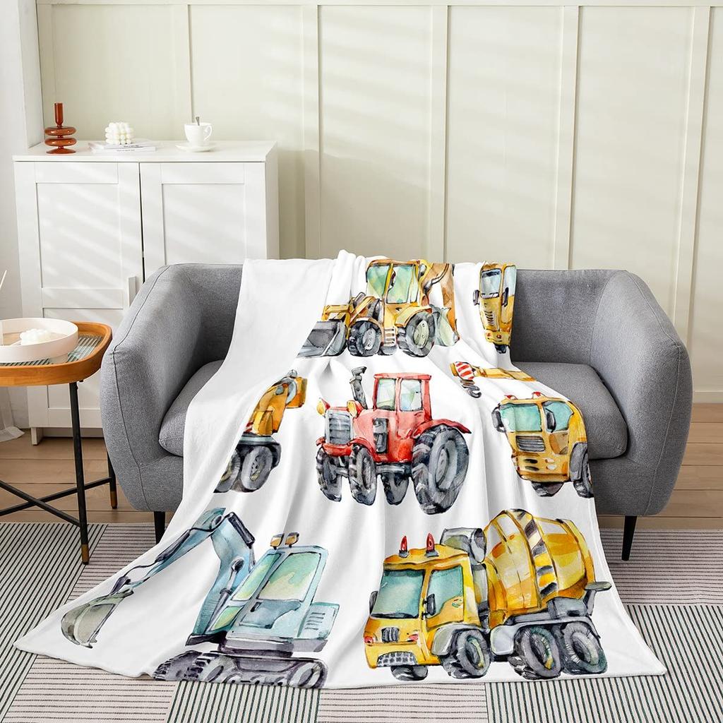 Yellow Construction Truck Blanket Cartoon Tractor Cars Flannel Throw Blankets for All Season Kids Boys Excavator Sofa Blanket