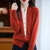 100% Wool Color Block Two-Piece Cardigan - Autumn/Winter Long Sleeve Loose Top for Women