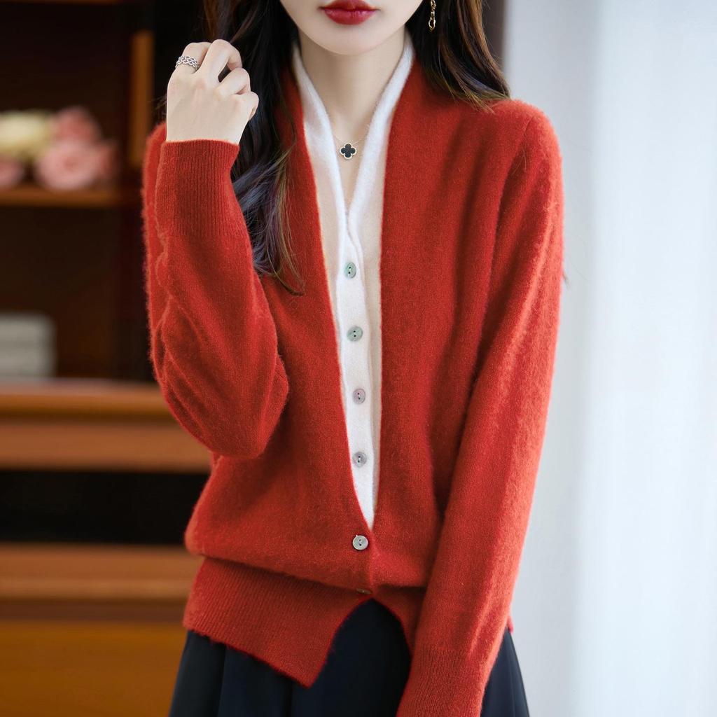 100% Wool Color Block Two-Piece Cardigan - Autumn/Winter Long Sleeve Loose Top for Women