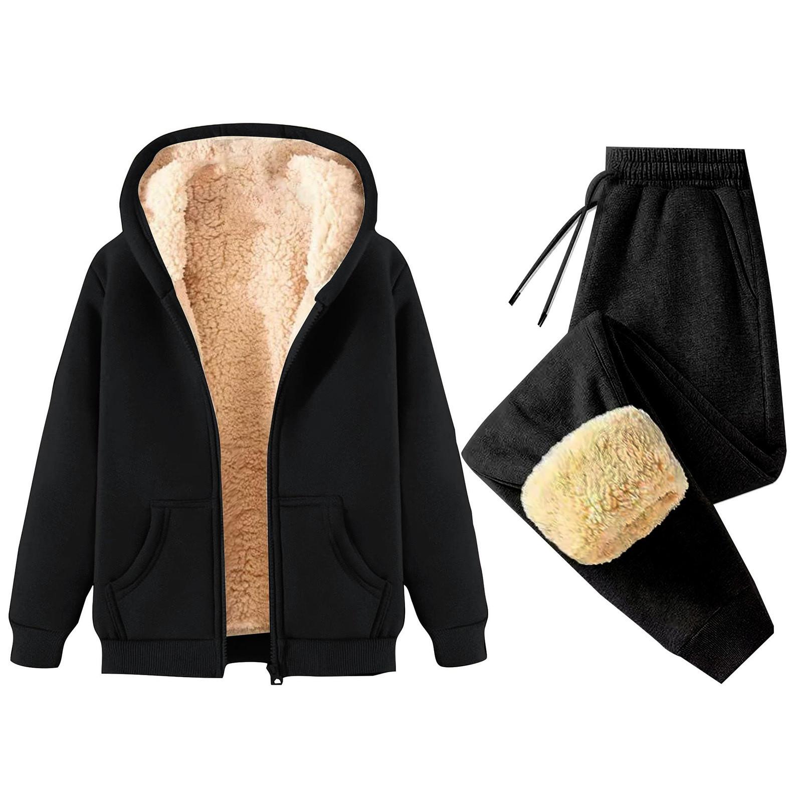 

Женская мода однотонная и зимняя утепленная толстовка с капюшоном на молнии, куртка, спортивные штаны, повседневный комплект из двух предметов M чёрный