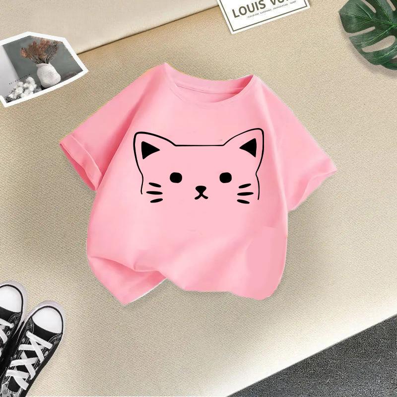 Summer Cute Cat Animal Print Round Neck Short Sleeved Tee Shirt for Boys and Girls Fashionable and Simple Children's T-shirt