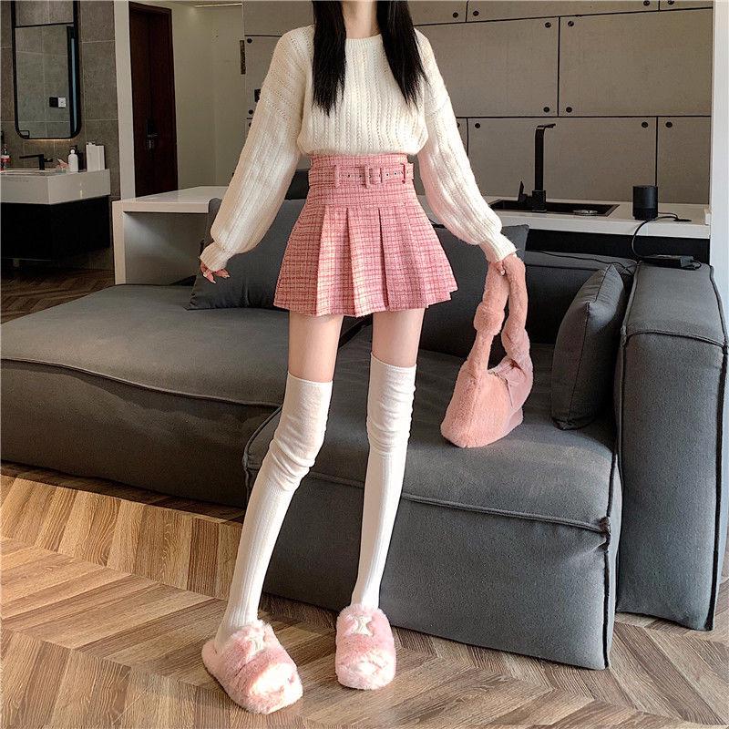 Women's High-Waisted Pleated A-Line Midi Skirt with Belt - Retro Style for All Seasons