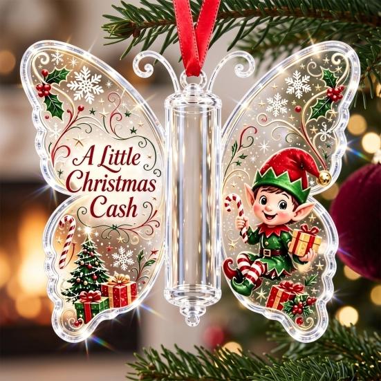 Geschenke für Familie Freunde Schmetterling Bargeldgeschenk Schmuckstück, Weihnachts-Geldhalter Hängende Dekoration mit festlichem Urlaubs-Haus-Druck, Acryl-Baum-Anhänger
