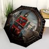 London Bus Steampunk pattern umbrella, portable and foldable design, 8 ribs, a casual accessory for Halloween, Christmas, and birthday gifts.