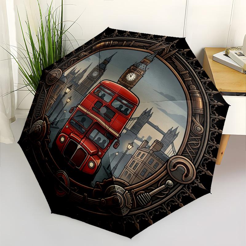 London Bus Steampunk pattern umbrella, portable and foldable design, 8 ribs, a casual accessory for Halloween, Christmas, and birthday gifts.