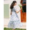 Retro Square Collar Floral Dress Summer New Super Fairy Mori Waist Thin Fungus Edge Long Skirt Milk Blue
