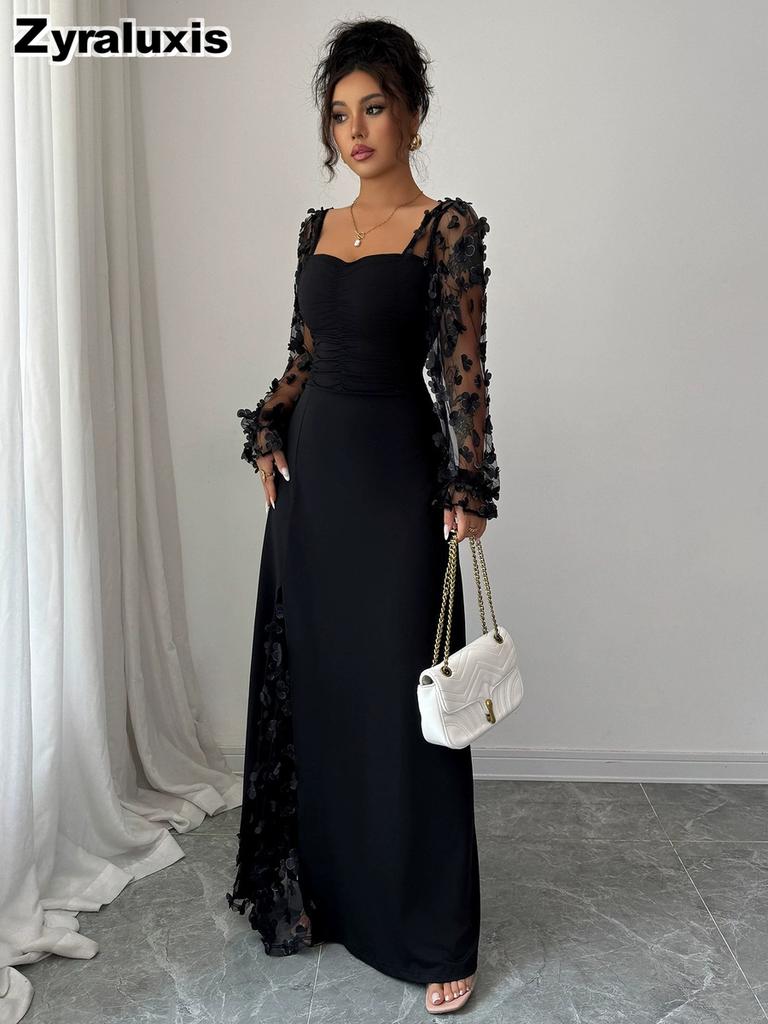 Elegant Dress with Long Sleeves and Lace Patchwork