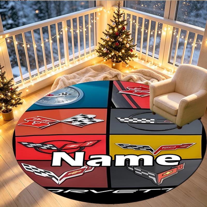 Custom Name Personalized Sports car Print Round Rug, Versatile Home Decor Carpet, for Playroom, Apartment, Balcony, Entryway, Hallway Gift