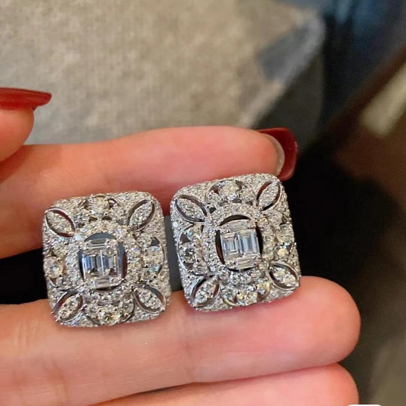 Korean Style Rhinestone Zirconia Square Stud Earrings - Hollow Retro Design, Versatile & Trendy for Women