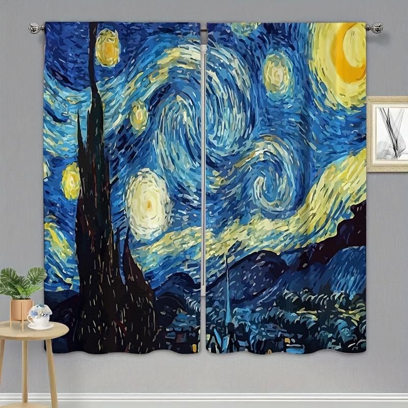 2pcs Van Gogh Starry Sky OilPainting Print Curtains Rod Pocket Curtain For Living Room Bedroom Office Kitchen Study Home Decor