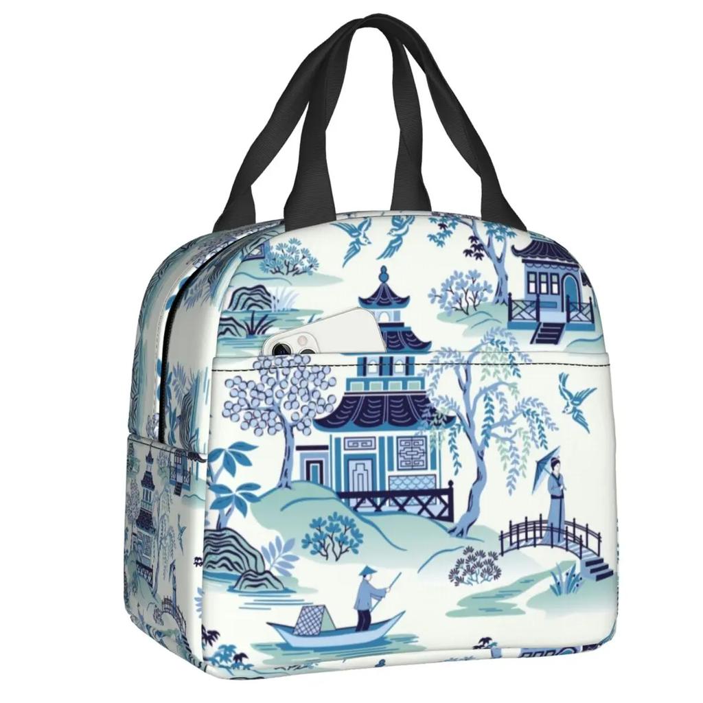 Porcelain Blue Oriental Bird Pattern Insulated Lunch Bag for Camping Travel Chinoiserie Thermal Cooler Lunch Box Women Kids
