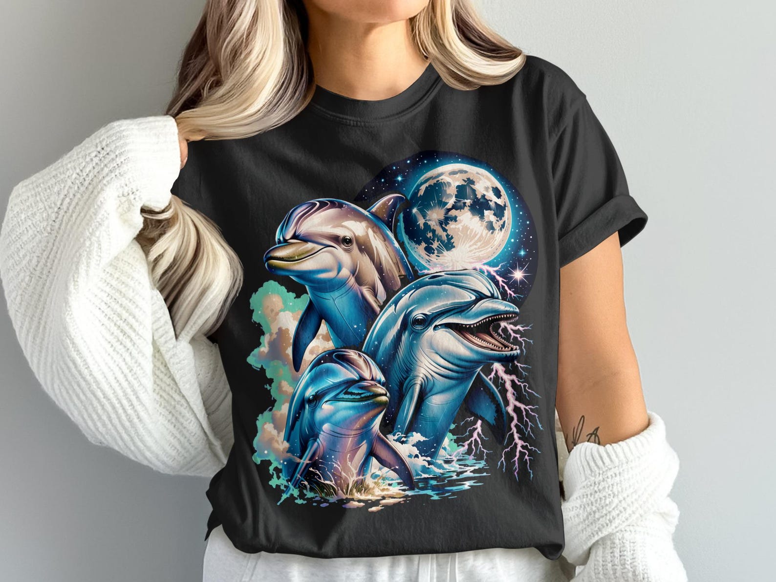 Majestic Dolphin T-Shirt, Moonlit Ocean Wildlife Graphic Tee, Celestial Marine Life Art, Nature Lover Gift, Unique Aquatic Design S