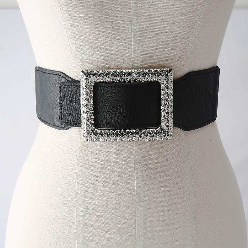 Black Diamond-Encrusted Decoration, Ultra-Wide Elastic Elastic Belt, Women'S Simple Down Jacket With Coat Waist Seal
