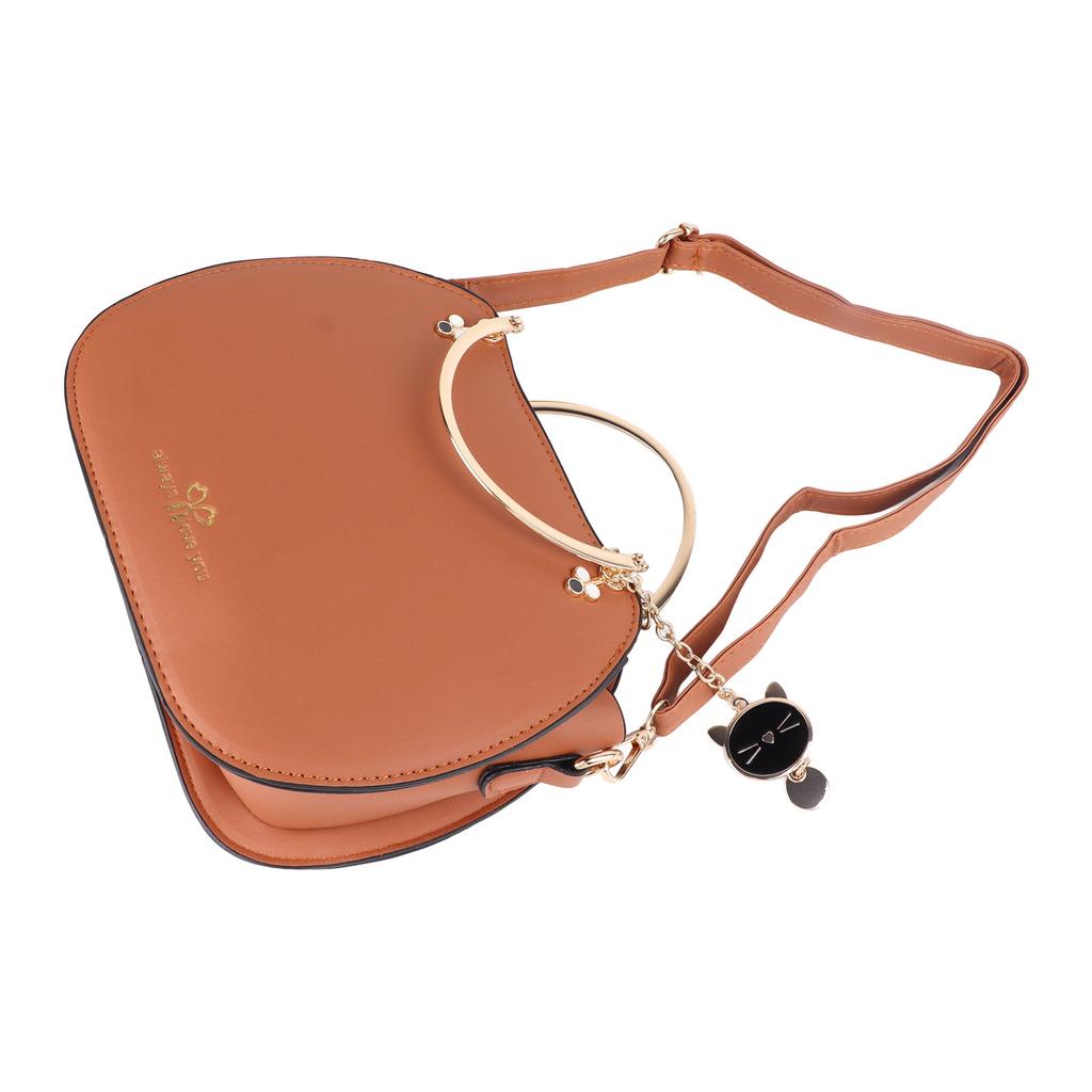 Woman Fashion Handle Bag with Adjustable Straps Cute Animal Pendant Decorations PU Leather Shoulder Bag Deep Yellow