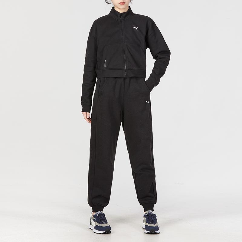 Puma Logo Printed Stand Collar Jacket And Cuffed Long Sports Pants Set Women sets Black 522078-01