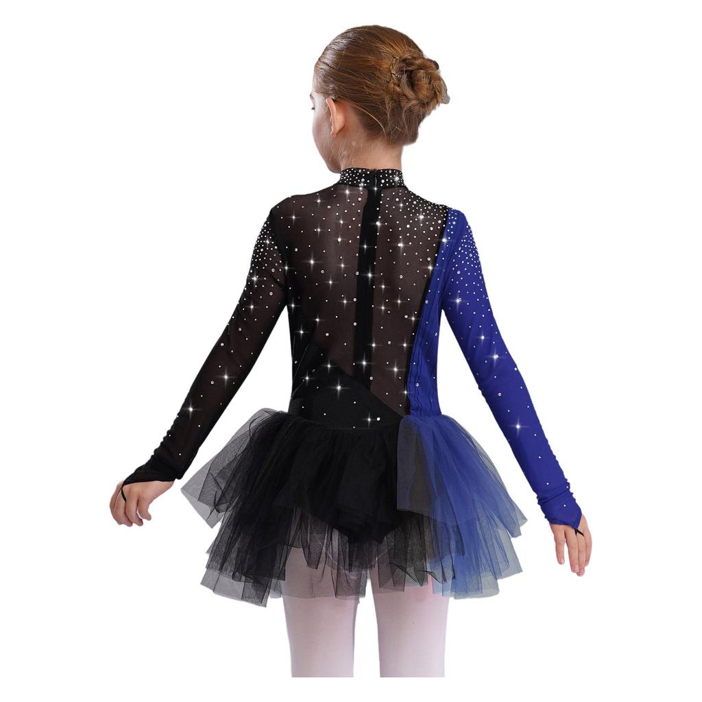 Girls Figure Skating Dress Long Sleeve Sparkling Rhinestones Color Block Patchwork Stage Performance Costume