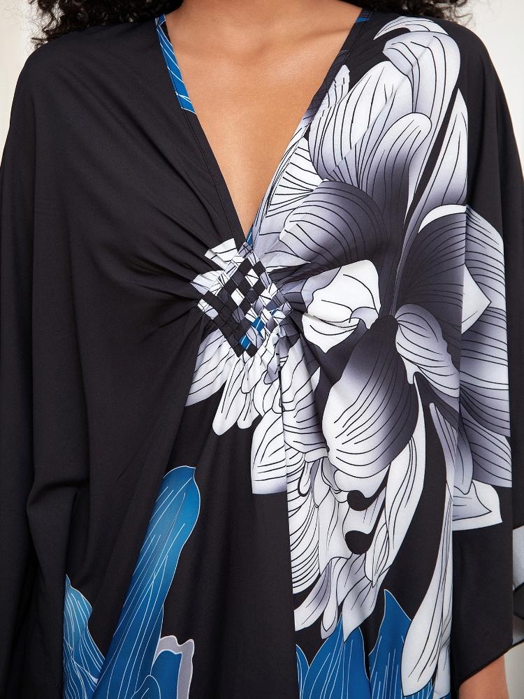EDOLYNSA Versatile Blue Women's Kaftan Robe Light jacket Caftan Bathrobe Vacation Long Dress Hot Selling Lounge around Outfit Q1289