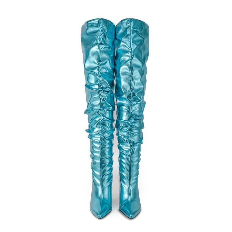 Fashion Sexy Solid Color Pleated Lazy Style Over The Knee Boots Autumn Winter Fashion Black Silver High-heel Women Long Boots Size 34-45