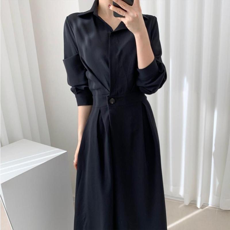 Summer New Elegant Fashion Solid Simple Waist Long Dress Women Polo-neck Temperament All-match Dresses Vestidos De Fiesta