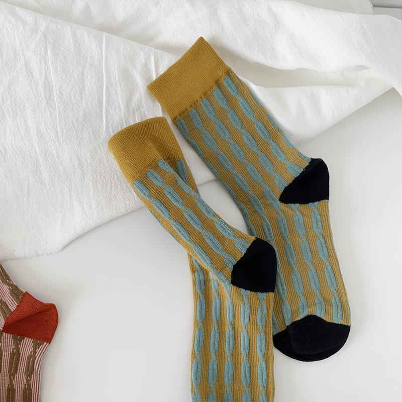 Socks Women'S Contrasting Color Trendy Socks Double Needle Pure Cotton Medium Tube Socks Drawing Casual Versatile Socks