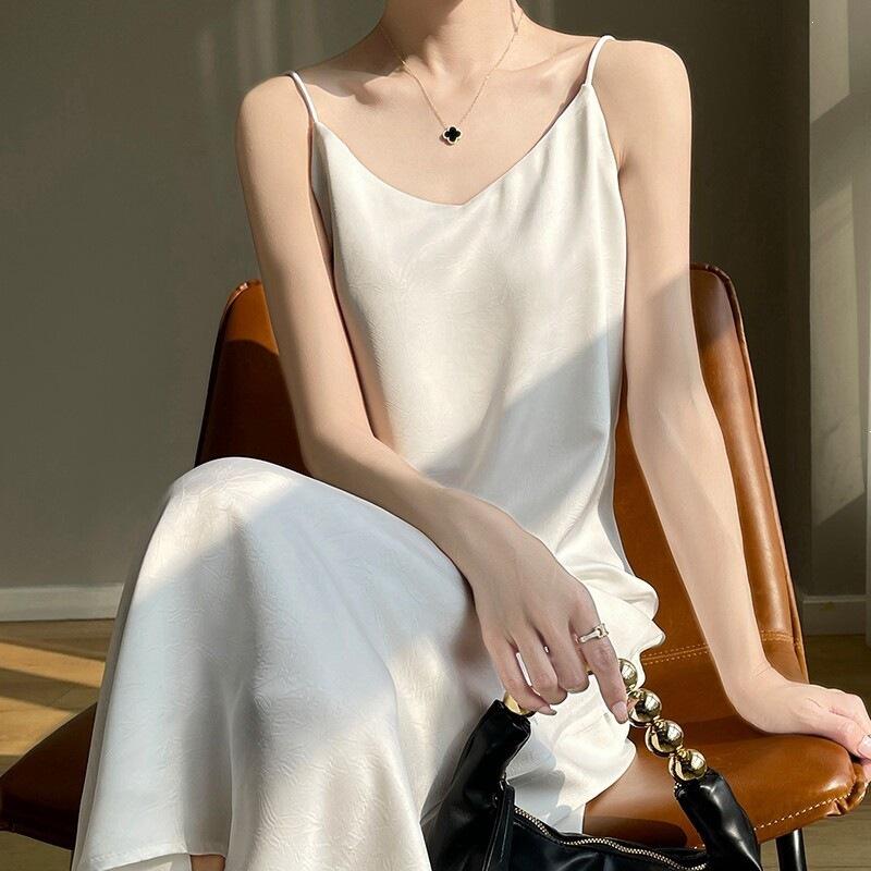 Light Luxury High-end Style Printed Satin Suspender Dress Women's New Temperament New Chinese Acetic Acid Dress