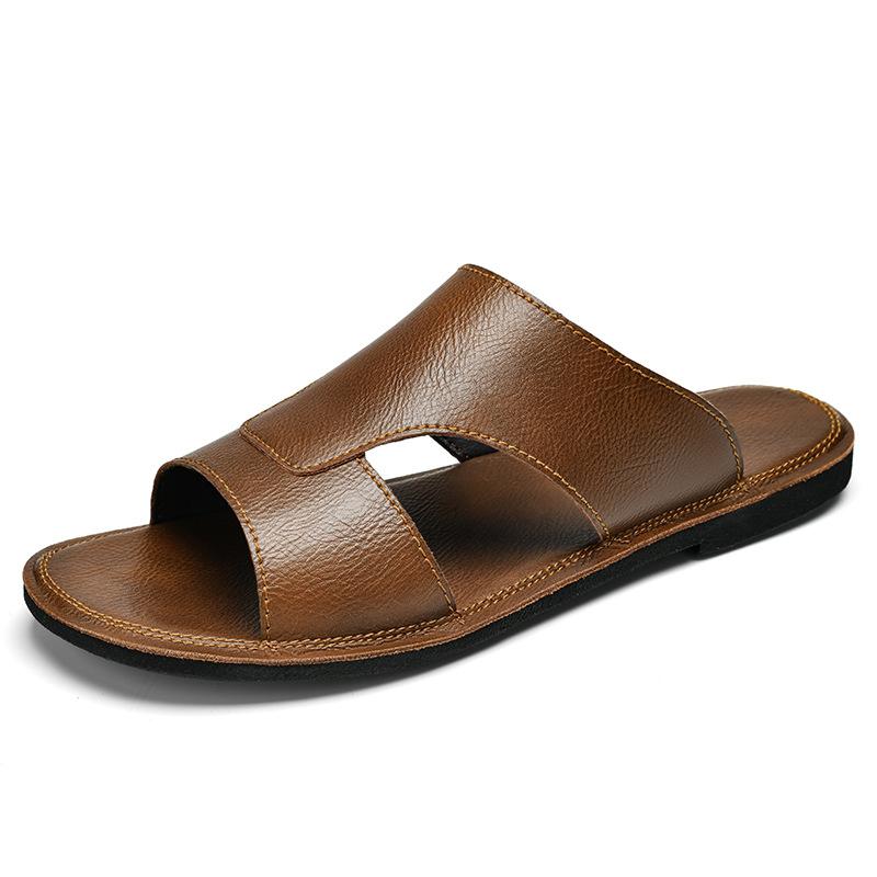 4213 Men S Shoes Cool Slippers Open-Toed One-Word Slippers Set Feet Handmade Large-Size Leather Surface Summer Half-Drag Sandals Tide 38 коричневый