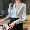 New Spring and Autumn Elegant Pearl Decorated Silk Satin High-End V-Neck Chiffon Blouse for Women