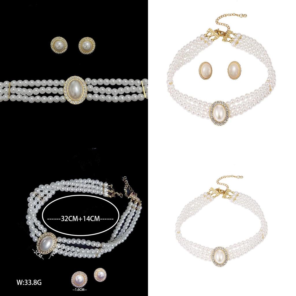 Vintage Artificial Pearl Necklace Set With Earrings And Gemstone Embellishments For Bridal And Formal Wear
