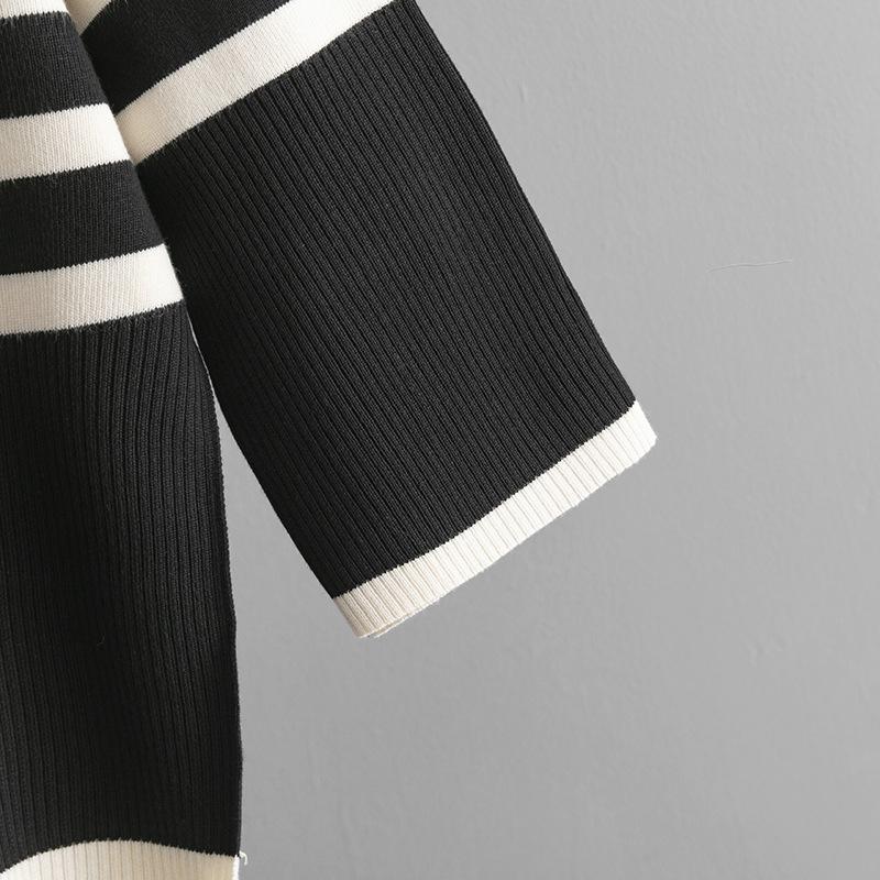 Fall Winter Lazy Wind Loose High Collar Pullover Sweater Suit Women's Stripe Long Sleeve Knit Wide Leg Pants Two Piece Set