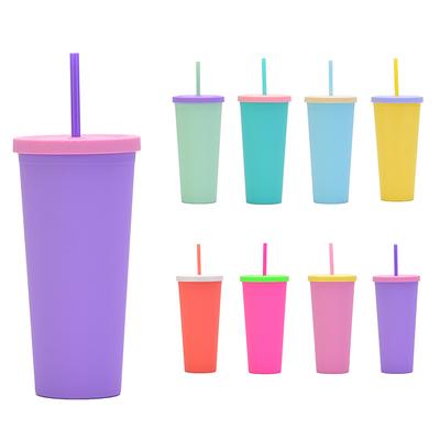 Double-Layer Plastic Straw Cup 24Oz Creative Mix And Match Matte Water Cup Large-Capacity Plastic Cup