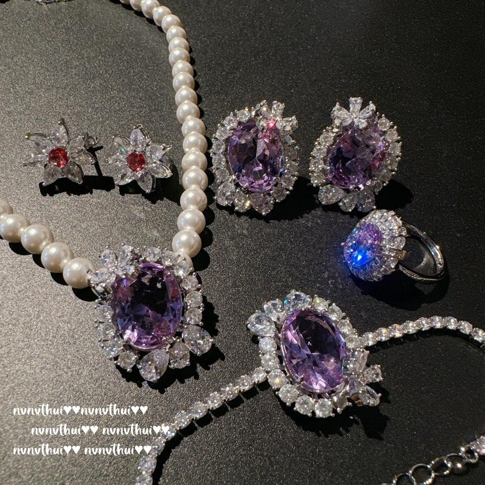 Lavender Purple Egg-Shaped Gemstone Petal Pearl Necklace, Papalacha, Princess Pink Purple Flower Zircon, Bracelet.