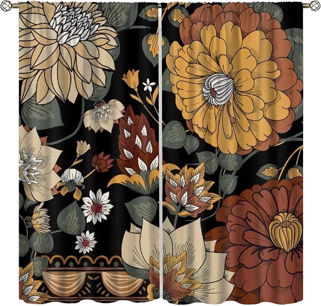 Bohemian Boho Floral Curtains Vintage Abstract Oil Painting Colourful Art Medieval Hippy Plant Flower Window Treatments Drapes Made Of Polyester