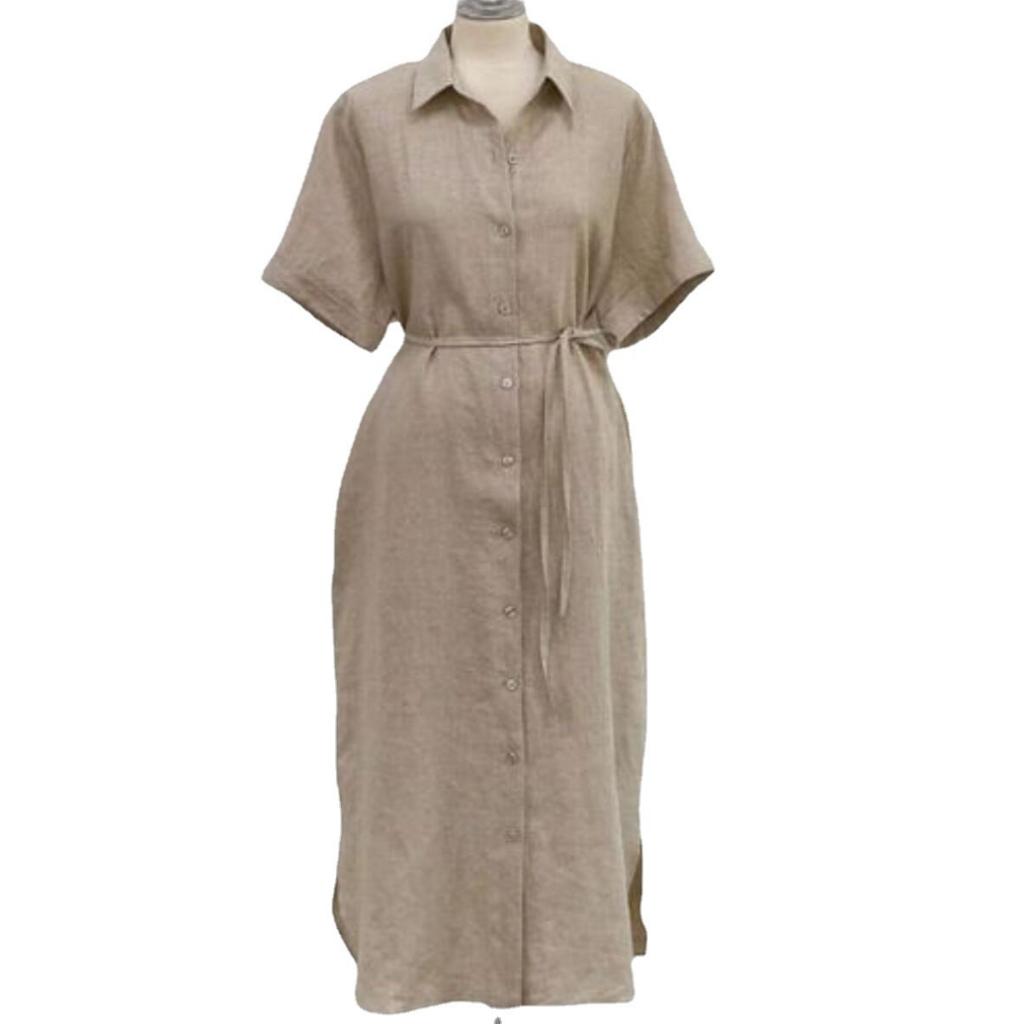 Linen Shirt Dress - Oversized Button Down Belted Waist Dress, Casual Short Sleeve Minimalist Tunic with Pocket, Breathable Summer Dress for Women