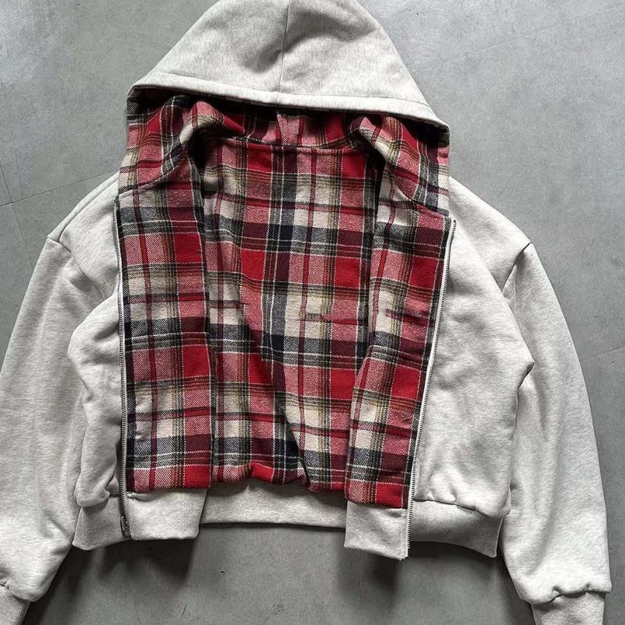 Karierter Y2K Zip-Up Doppelseitiger Cardigan Hoodie für Herbst/Winter – Unisex Streetwear Sweatshirt