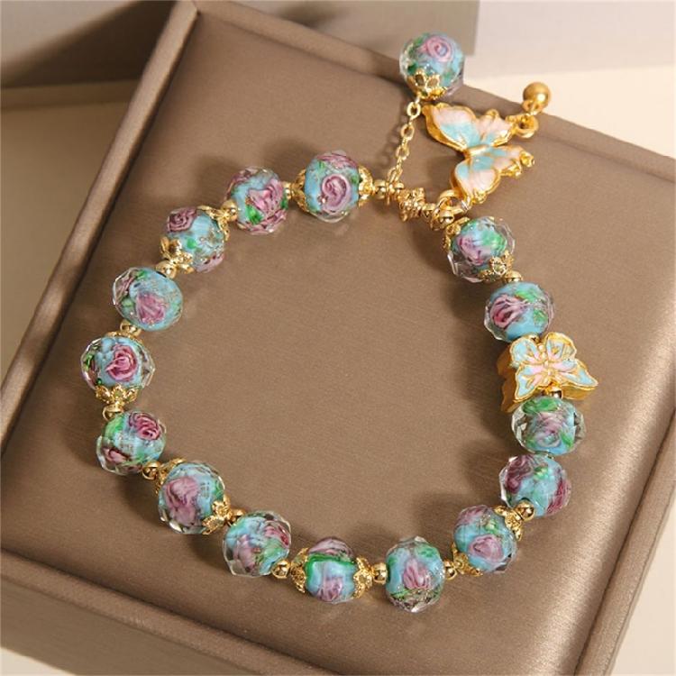 Glass Bead Butterfly Pendant Bracelet Rose Garden Design Offering Comfortable Beads Bracelet for Special Occasions