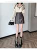 Black A-line High-waisted PU Leather Skirt: Women's Spring/Autumn Slimming Mini with Anti-exposure Design
