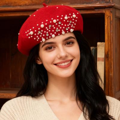 Ladies' Water Diamond Beaded Woolen Autumn and Winter Warm and Fashionable Y2K Beret for Daily Gatherings, Shopping and Outings