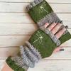 Gants en tricot sans doigts avec broderie de chat et patchwork, Gants décontractés ouverts aux doigts tendance pour femme, Mitaines chaudes d'hiver sans doigts