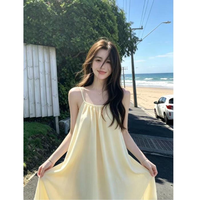 

French seaside vacation yellow suspender women s dress summer loose casual skirt beach fairy skirt long tide S