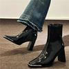 Women Boots Square Head Patent Leather Thick Heel Short Boot Lady Fad Retro Temperament Boot Soft Sole Platform Boot Botas Mujer