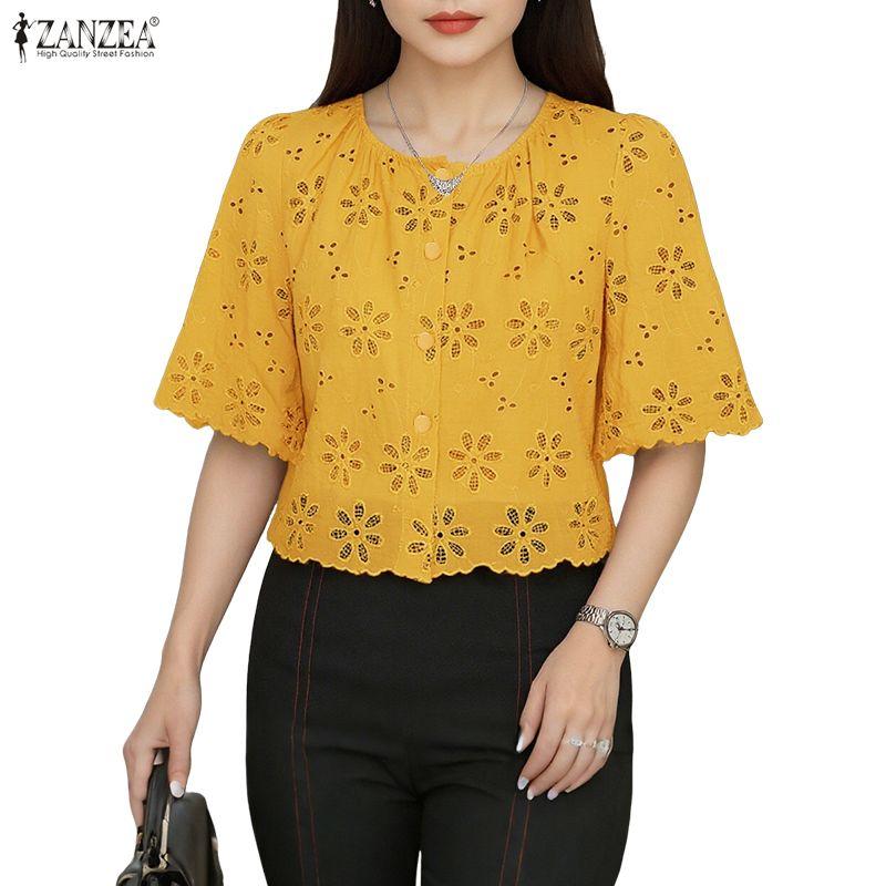 ZANZEA Women Casual Round Neck Lace Crochet Patchwork Half Sleeve Blouse
